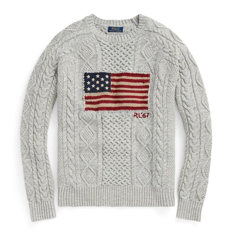 Gray cable knit sweater with an American Flag embroidered on it.