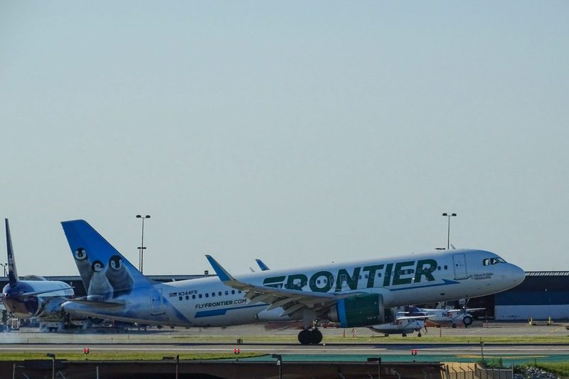 Frontier airplane at an airport