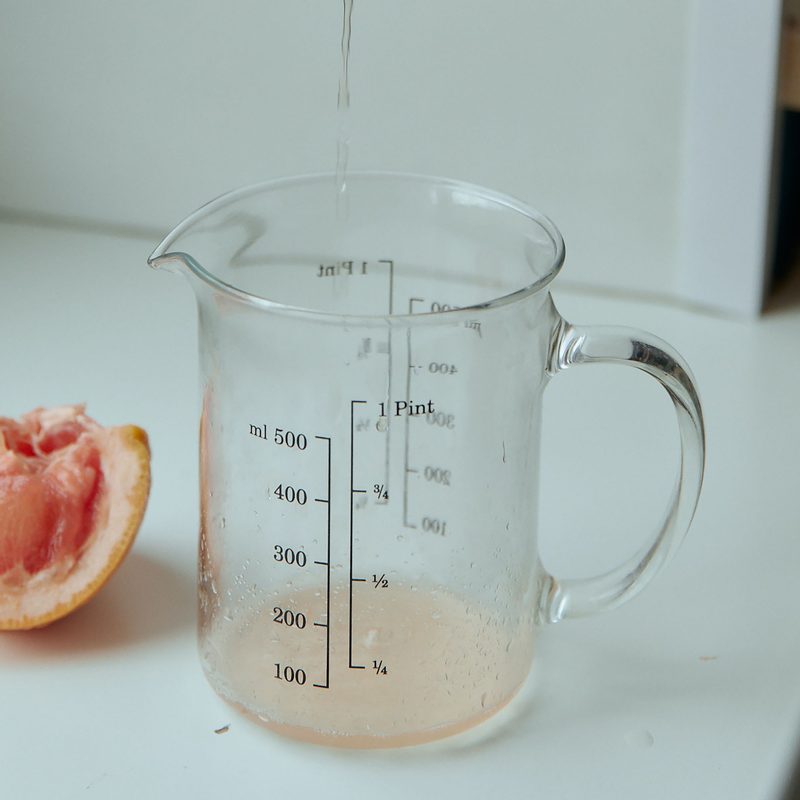 Person squeezing grapefruit into a mL container