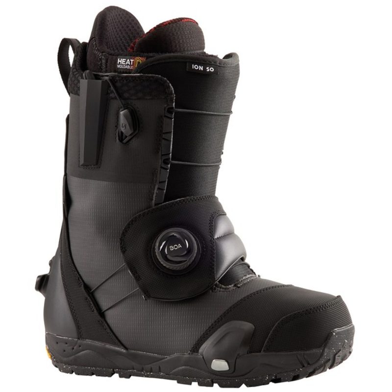 A black Burton Ion Step On snowboard boot on a white background.