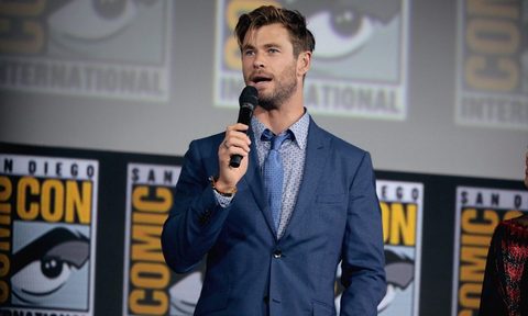 Chris Hemsworth speaking at the 2019 San Diego Comic Con International, for Thor- Love and Thunder, at the San Diego Convention Center in San Diego, California.