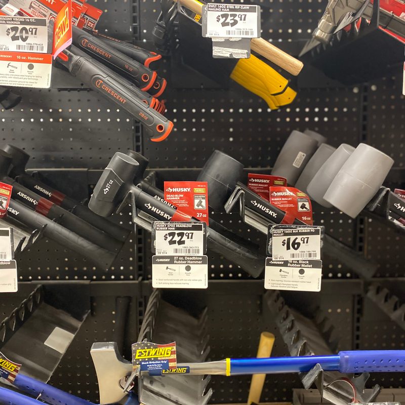 Rows of rubber mallets