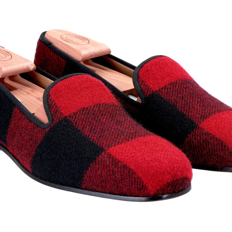 Red and black buffalo plaid wool slippers.