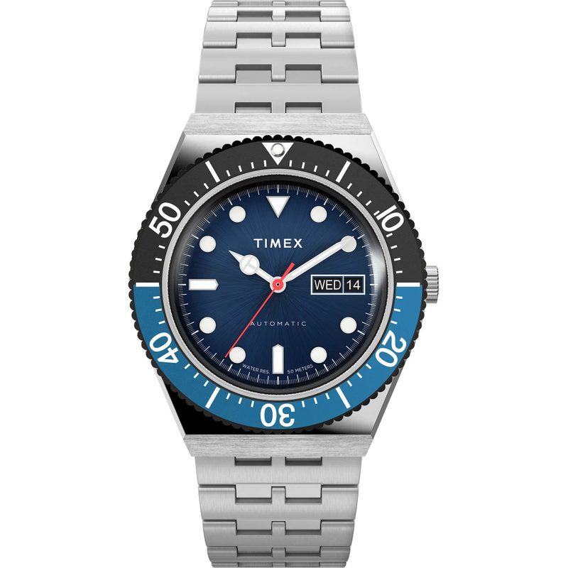 A Timex M79 dive watch in blue and black.