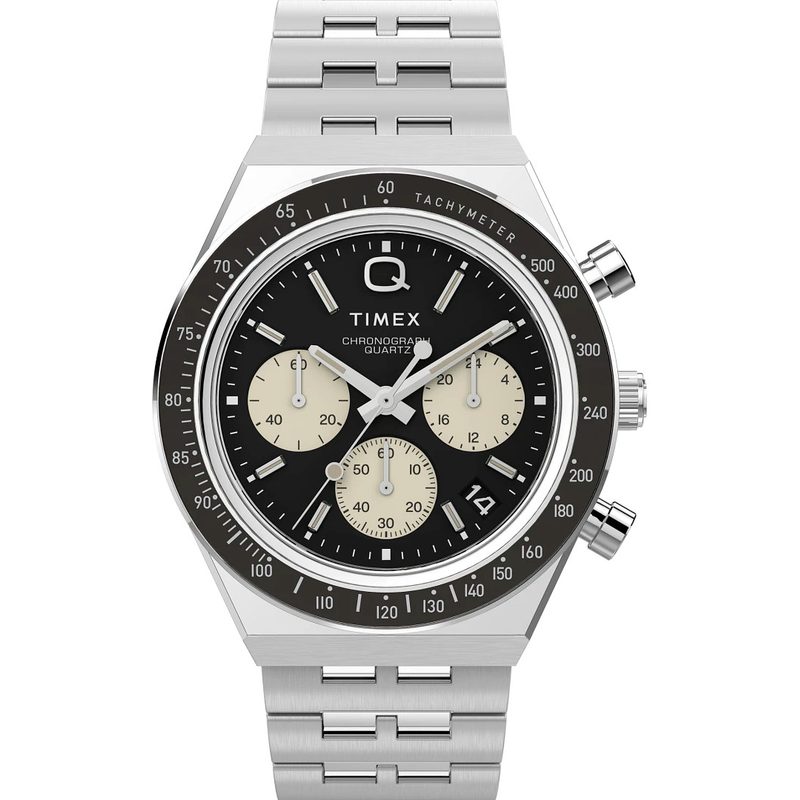 A Timex chronograph watch in black with a steel band.