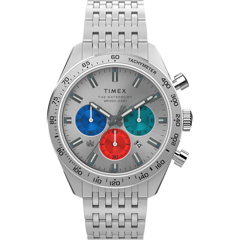 A Timex chronograph watch in silver.