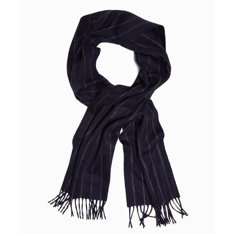 A navy scarf with gray pinstripes.
