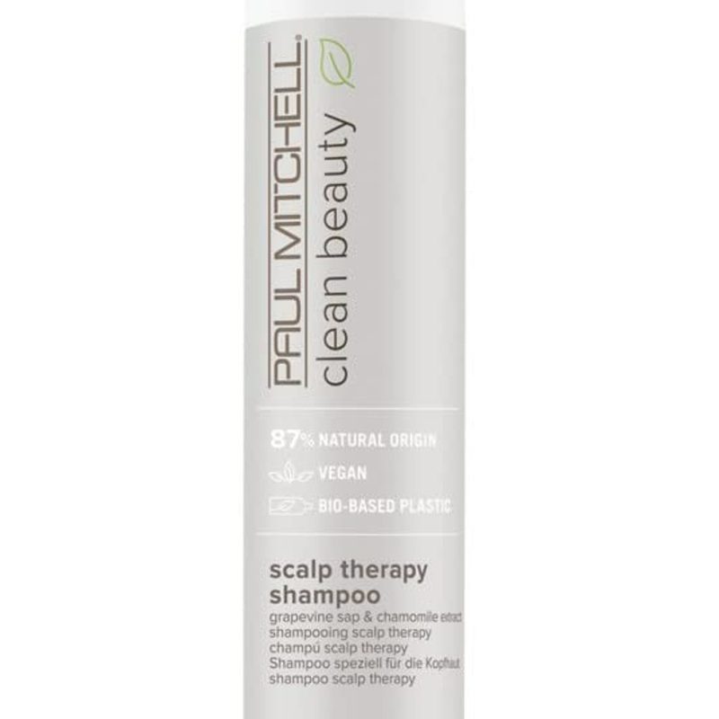 A close-up of a bottle of Paul Mitchell Clean Beauty Scalp Therapy Shampoo.
