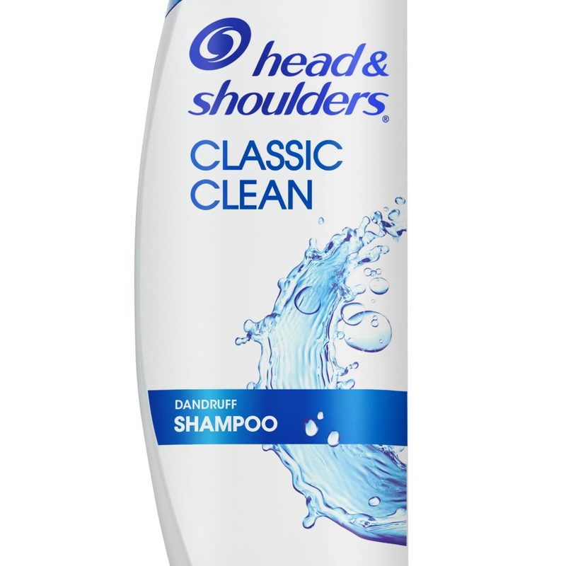 A close-up of a bottle of Head & Shoulders Anti-Dandruff Shampoo, Classic Clean.