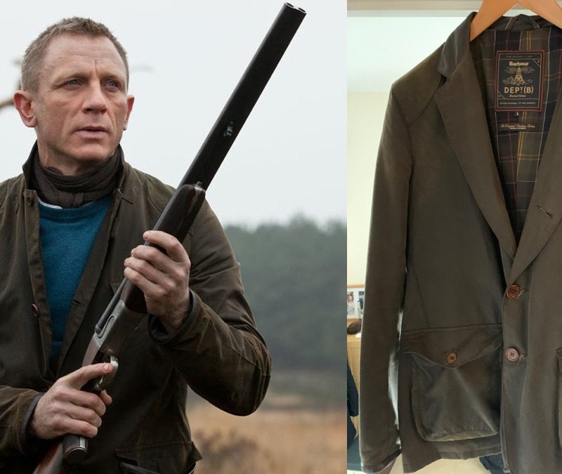 A photo of Daniel Craig as James Bond next to a photo of an olive green coat