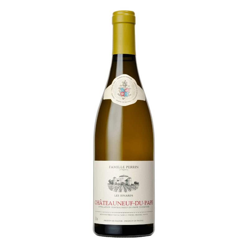 A bottle of Family Perrin CDP white wine bottle.