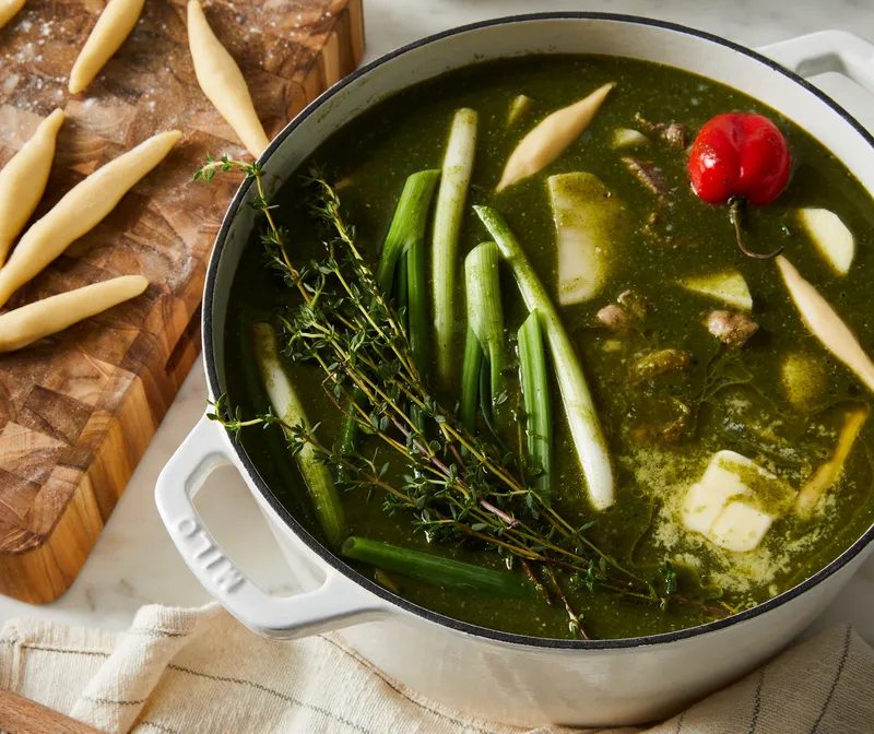 A cauldron of pepper pot soup.