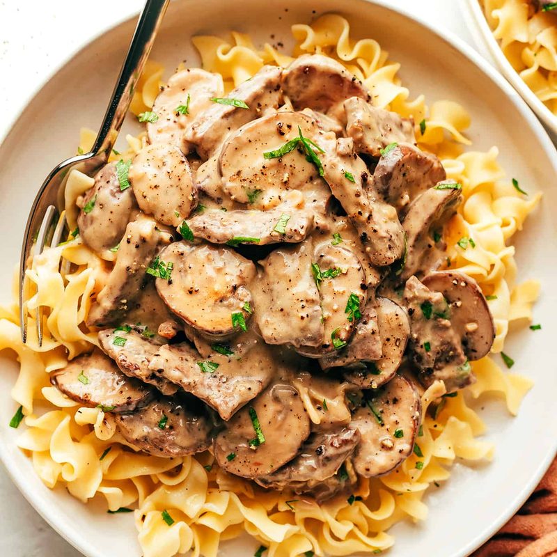 Beef stroganoff in a bowl