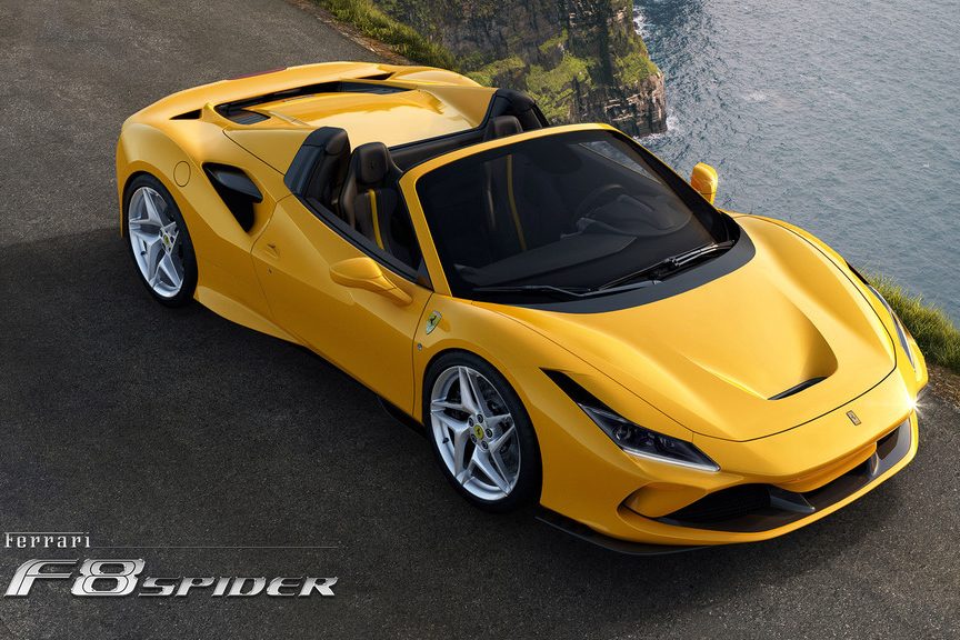 Overhead shot of 2023 Ferrari F8 Spider with the top down parked on the side of the road.