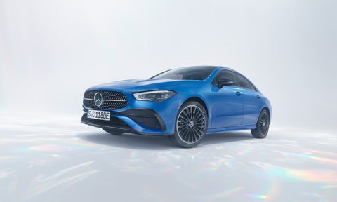 2024 Mercedes-Benz CLA front end angle from driver's side in a studio with a white background.