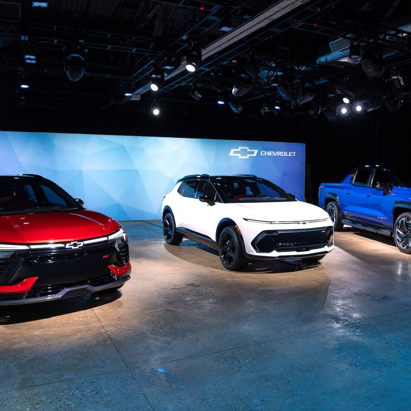 All-electric Chevrolet lineup with the Blazer EV, Equinox EV, and Silverado EV during a media presentation.