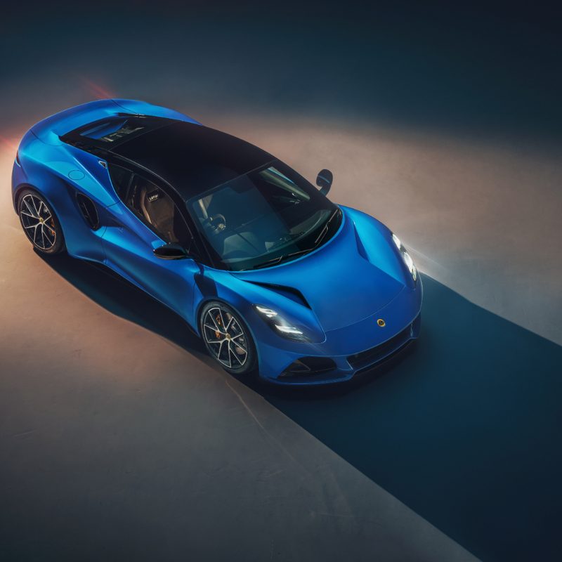 2023 Lotus Emira front end overhead shot with studio lighting in the back.