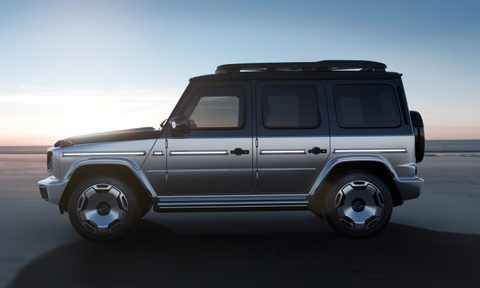 Rendering of side profile of Mercedes-Benz EQG in front of blue skies.