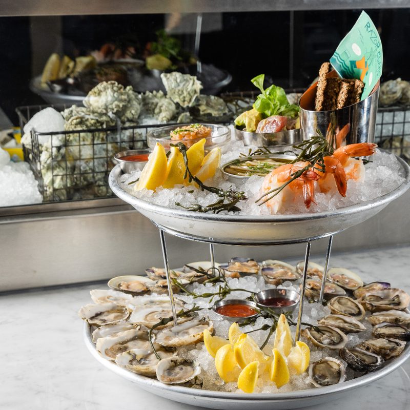 Raw seafood tower at Mermaid Oyster Bar.