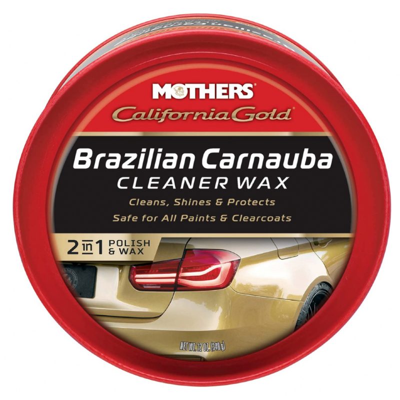 Mothers California Gold Brazilian Carnauba Cleaner Wax in front of a white background.