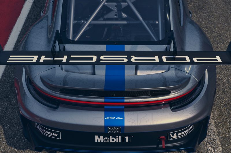 Porsche 911 GT3 Cup Car overhead shot of the rear end close up of rear wing.
