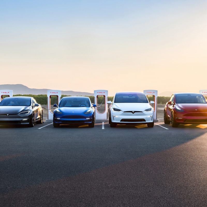Tesla group photo with Model S, Model 3, Model X, Model Y parked in front of charger during sunset.