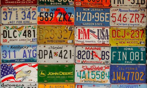 A collage of various license plates.