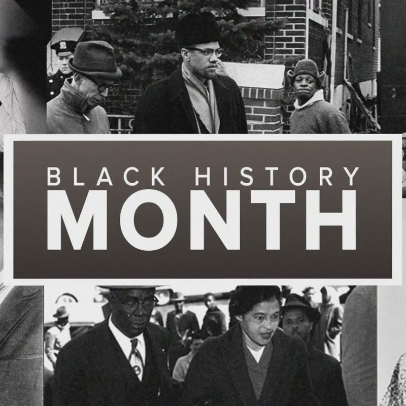 A picture of the words "Black History Month" with Black historical figures.