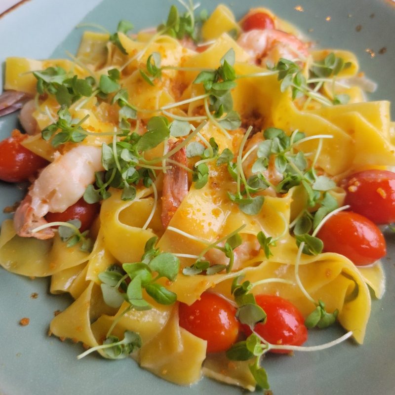 A plate of shrimp pappardelle at Glasspar in Dana Point, California.