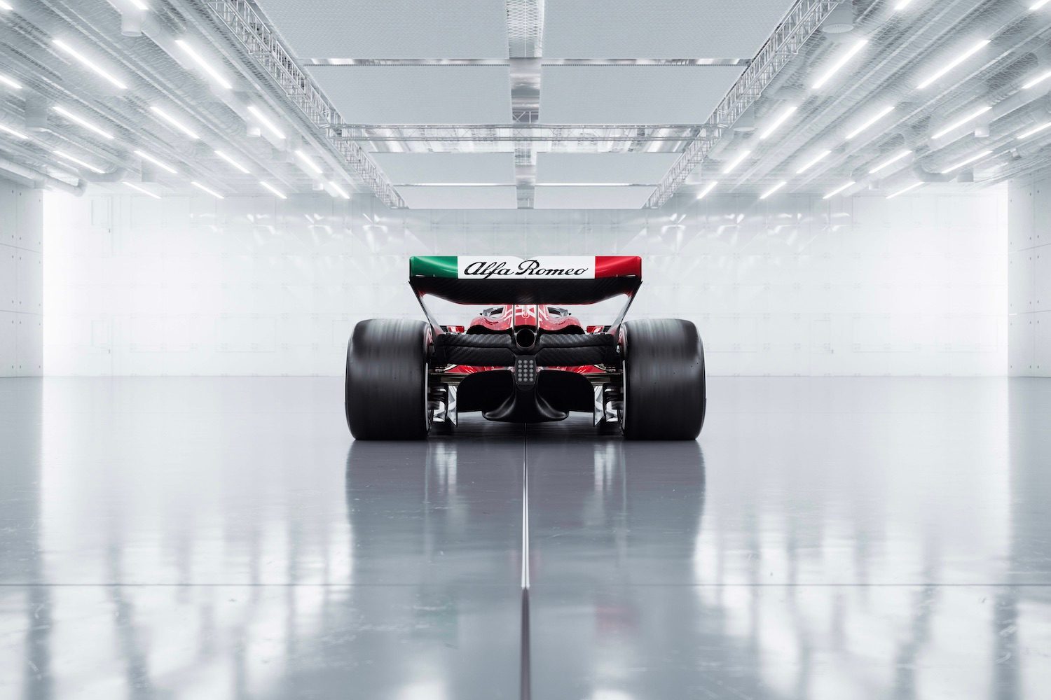 2023 Alfa Romeo F1 C43 rear end close up in a studio with bright studio lighting.
