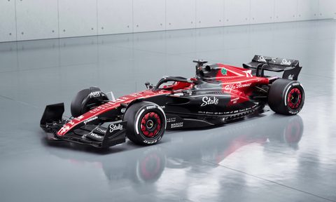 2023 Alfa Romeo F1 C43 show car from front overhead shot in a studio with studio lighting.