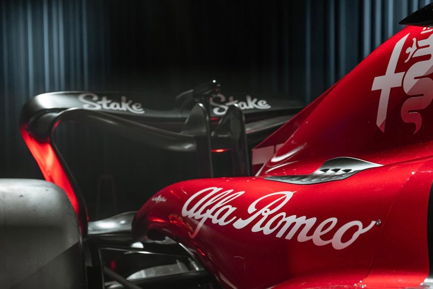 Close up of side pod and rear wing on the 2023 Alfa Romeo F1 C43 show car.