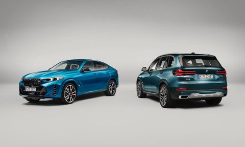 Front end angle of the 2024 BMW X6 and rear end angle of the 2024 BMW X5 in a white studio.