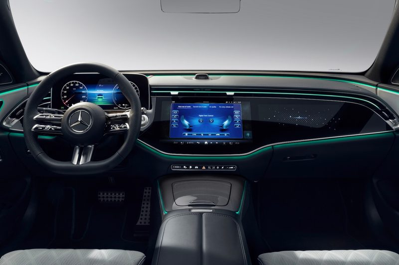 2024 Mercedes-Benz E-Class dashboard and steering wheel from the rear seats.