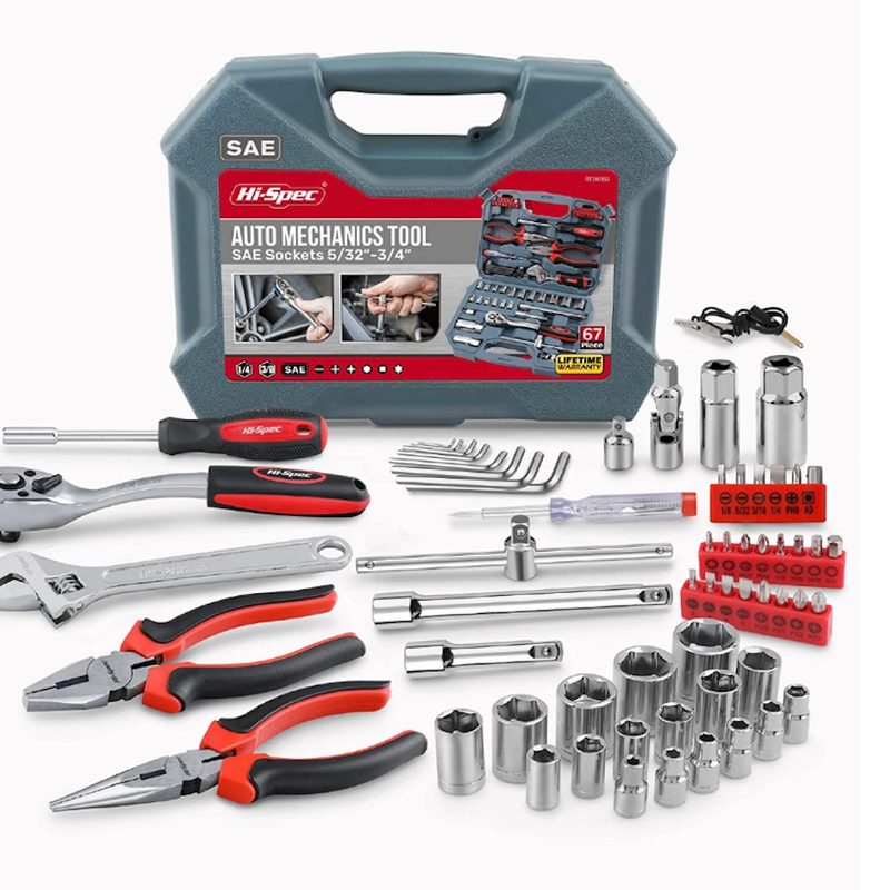 Hi-Spec Tool Kit 67-piece SAE tool set in front of a white screen.