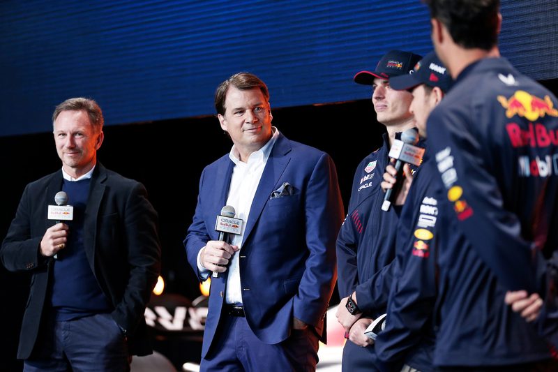 Ford CEO Jim Farley speaking at Oracle Red Bull Racing 2023 F1 car reveal in New York City.