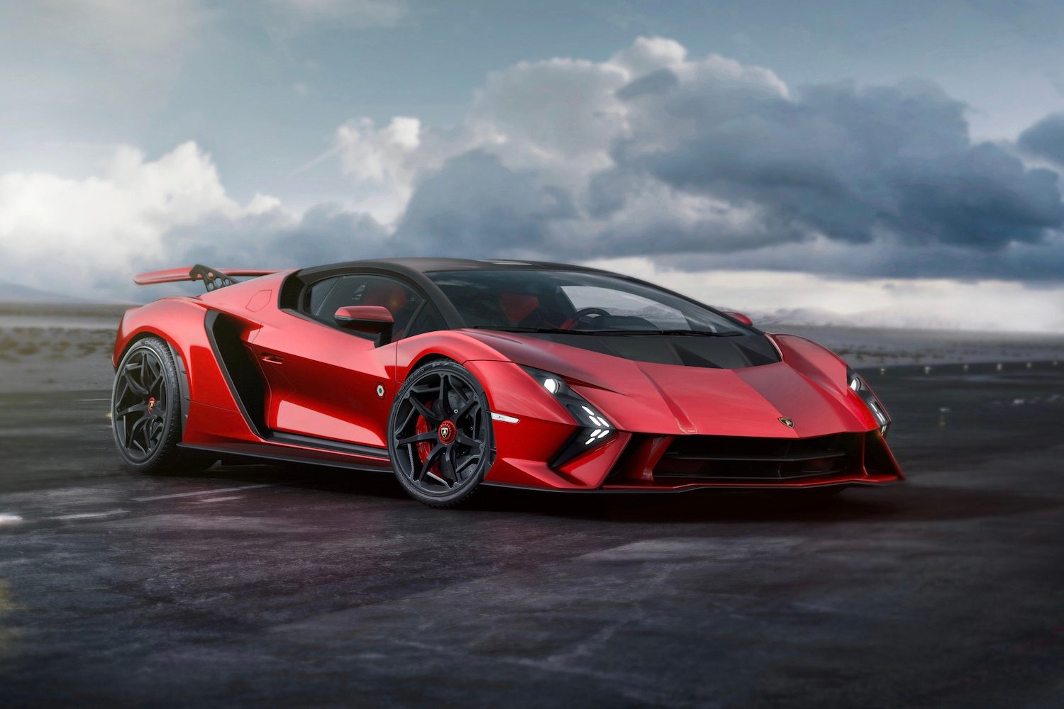 Front end angle of Lamborghini Invencible parked on tarmac with dark clouds in the back.