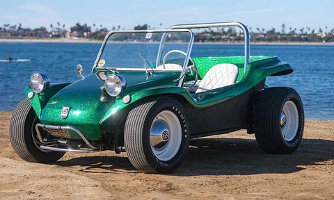 Meyers Manx Remastered Kit front end angle parked on the beach in front of water.