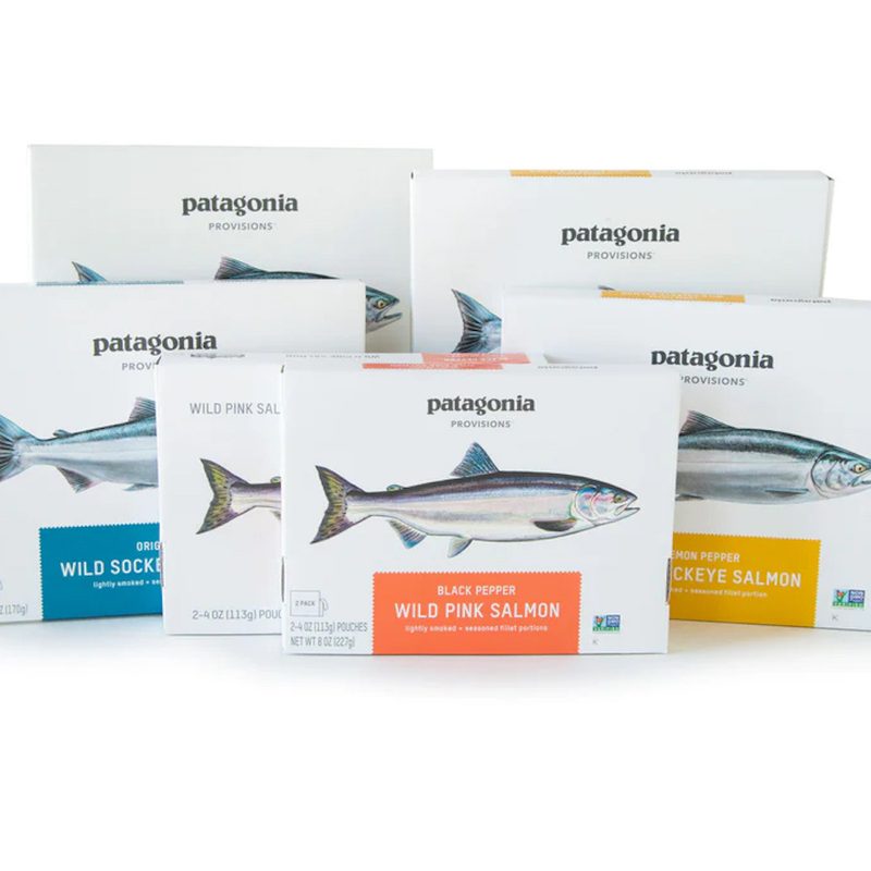 Patagonia Provisions Salmon six-pack positioned in front of a white screen.