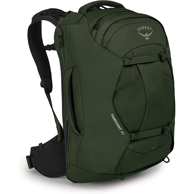 Osprey Farpoint 40 Travel Backpack (in green) on plain white background.