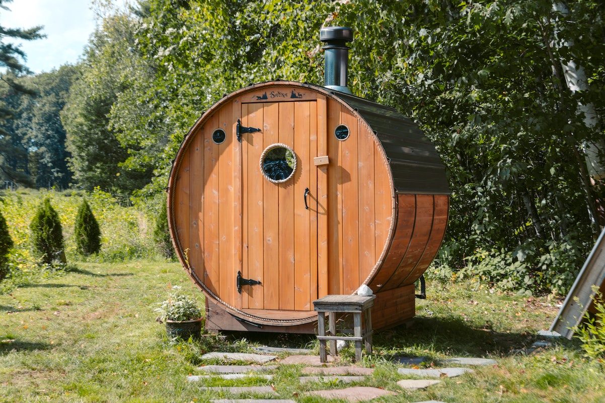 an outdoor barrel sauna