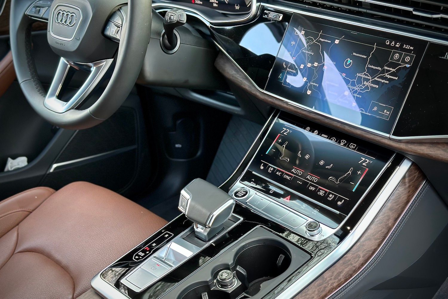 Close up of center console in the 2022 Audi Q7 Prestige from the front passenger's seat.