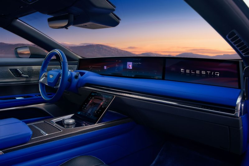 Interior of the 2023 Cadillac Celestiq from the passenger's side with a close up of the dashboard.
