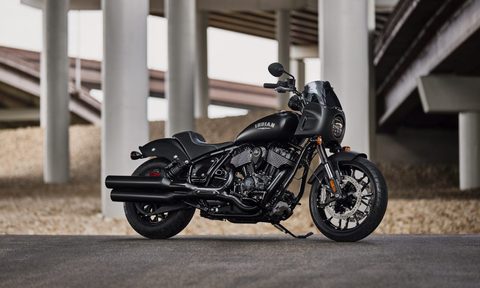 2023 Indian Sport Chief front end angle parked under an underpass.