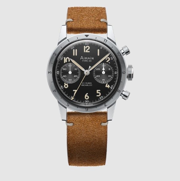 Airain Field Watch with brown leather band and black face