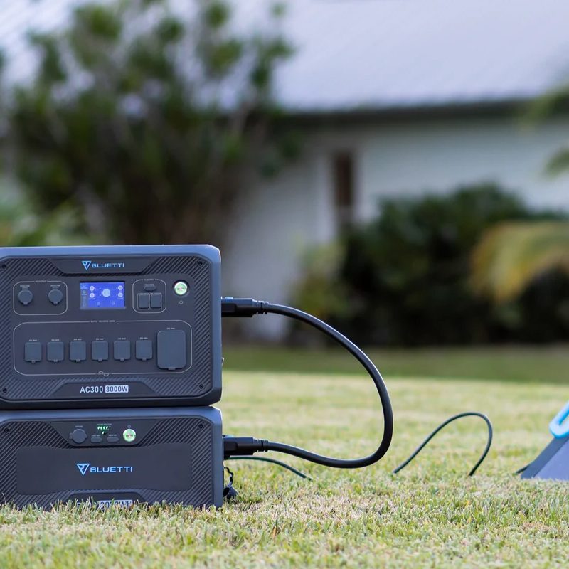 The Bluetti AC300 power with B300 battery attachment and solar panel charger.