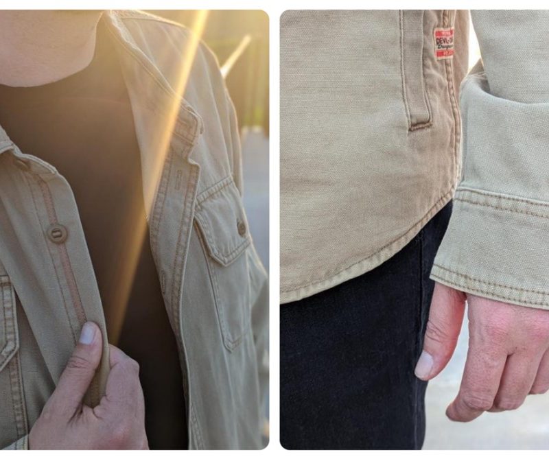 Close-up photos of a tan shacket
