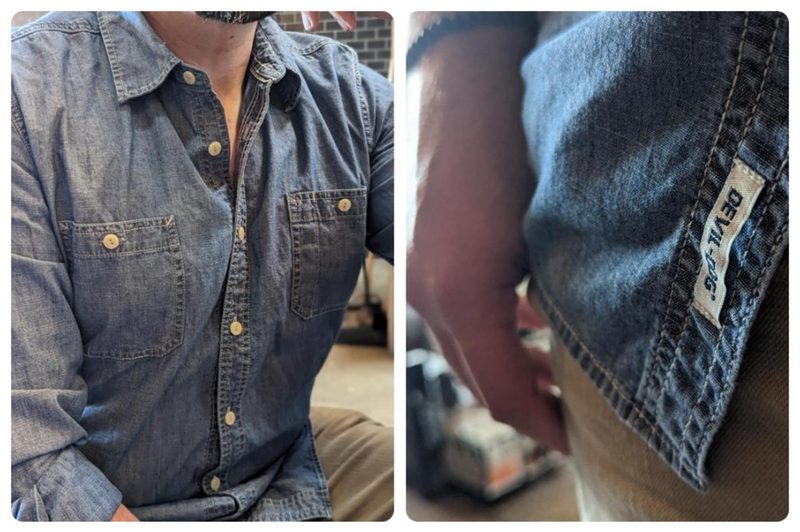 Close up photos of denim work shirt