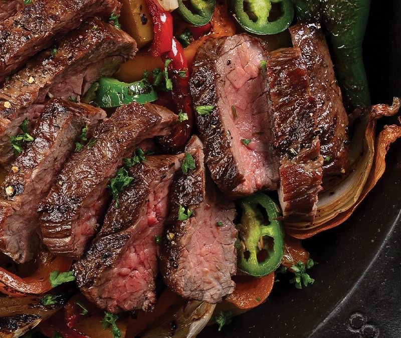 Grilled bavette steak fajitas with grilled tortillas from Omaha Steaks