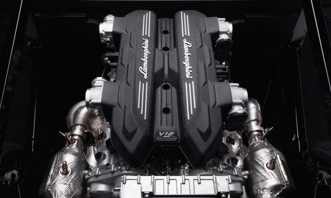 Lamborghini LB744 PHEV Powertrain from overhead in the engine bay of a chassis.
